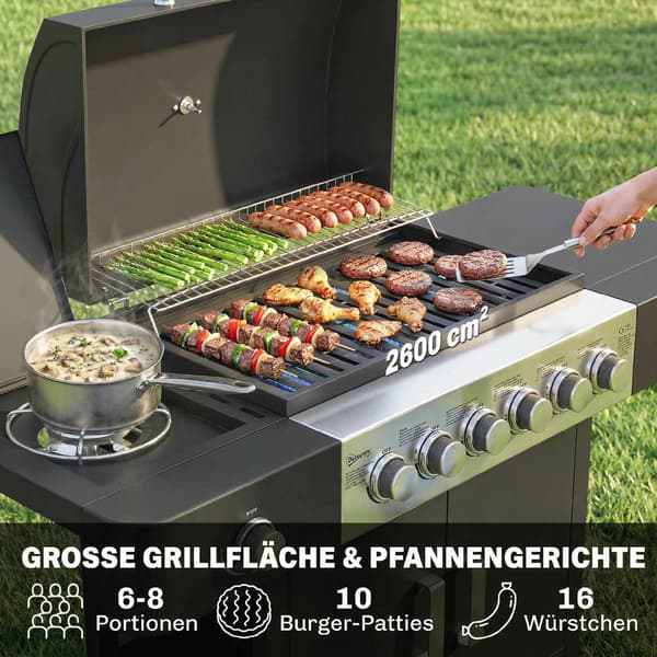 Gasgrill i rustfrit stål med 6 brændere og sidebrænder