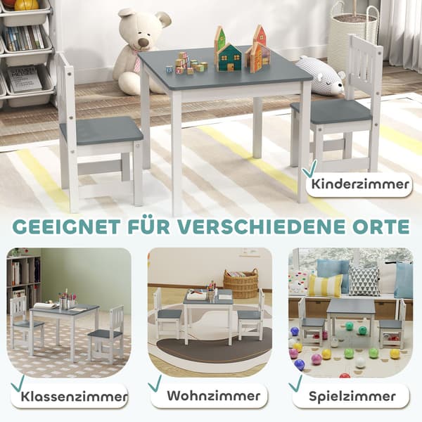Børnebord og stolesæt, 3 dele, grå, træ