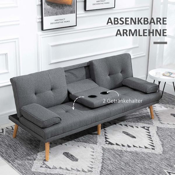 Vuodesohva 3-Istuttava Vuodesohva Kokoontaitetulla Pöydällä, Mukiteline, Scandi Design, Tummanharmaa, 250Kg Asti