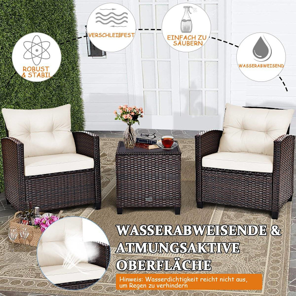 3 STK. Polyrattan loungesæt havemøbler rattan siddegruppe med sædehynder og sofabord beige