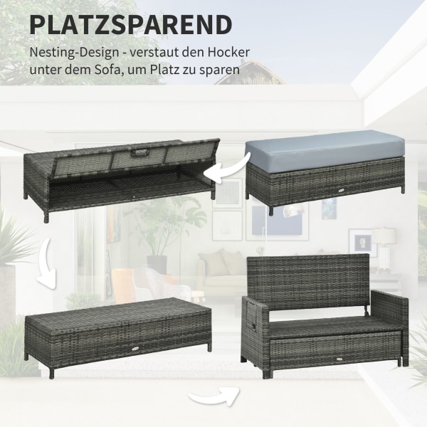 Polyrattan Lounge Sohva Puutarhasohva 2-Istuttava Pehmuste & Jakkara Puutarha Sohva Harmaa