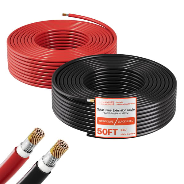 Forlængerkabel til solpanel, 10 AWG, 15,24 m rød sort