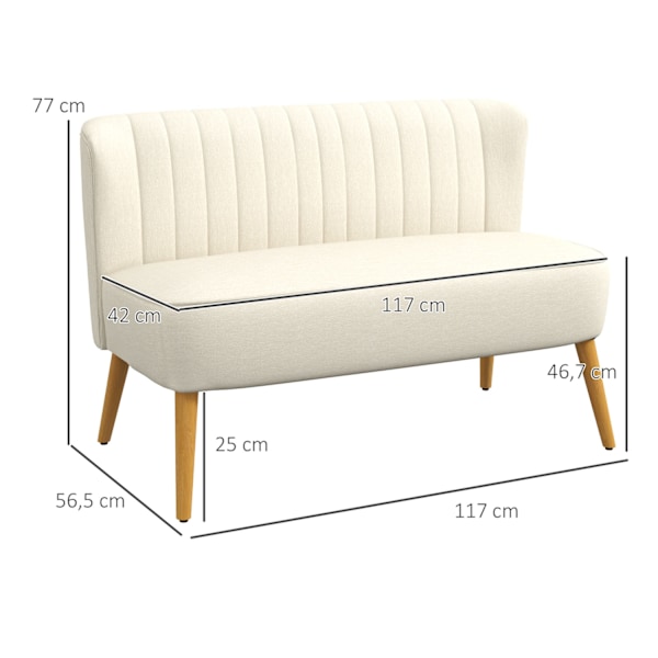 2-sits soffa, loveseat med linnelook, dubbelsoffa med träben, lastkapacitet upp till 150 kg, krämvit, 117 x 56,5 x 77 cm