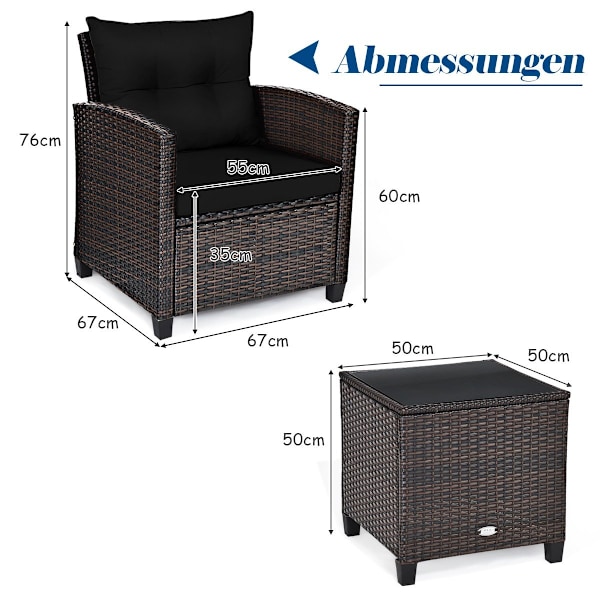 3 STK. Havemøbelsæt i rattan, altanmøbler, havelounge med sædehynder og sofabord, sort