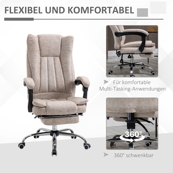 Kontorstol Drejestol Skrivebordsstol Med Tilbagelænet Funktion Fodstøtte Højdejusterbar Mikrofiber Beige + Sort + Sølv 63 X 71 X 110-118 Cm
