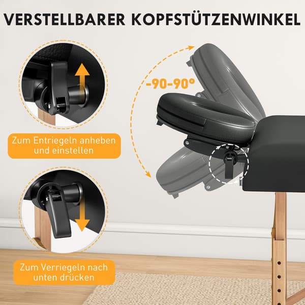 Højdejusterbart massagebriks, træstel, foldbar massageseng, skumpolstring, sort