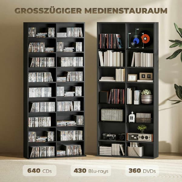 CD DVD Blu-ray opbevaringshylde, 18 rum, sort, justerbar