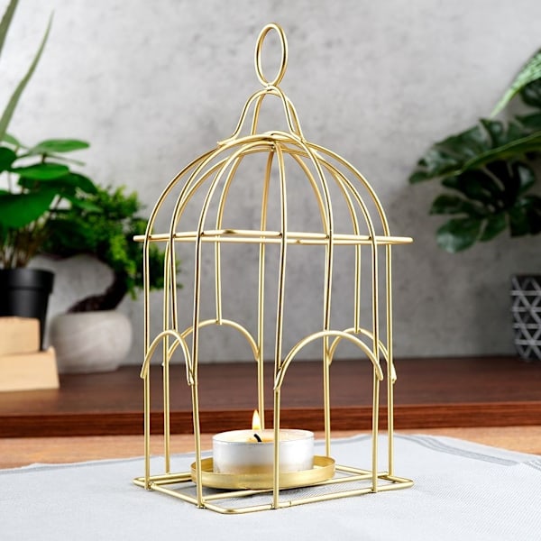 Fågelbur Lykta för Ljus/Tealight i Gyllene Metall