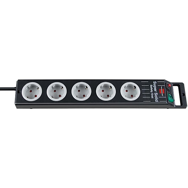 Super-Solid Power Strip 5-vägs (förlängningskabel med 2,5 m kabel och strömbrytare - gjord av brottsäker polykarbonat)