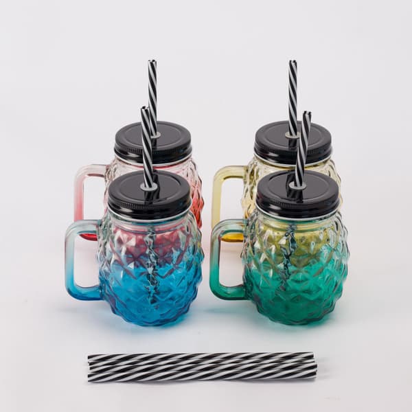 Ananasglas med lock och sugrör, set om 4
