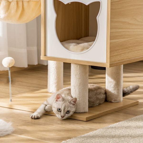 Beige Cat Tree Cat Cave Platform Puulastulevy Sisal 126Cm Korkeus