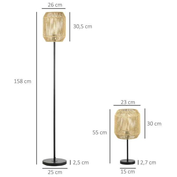 Lampesæt Af 2 Med Gulv- Og Bordlampe, E27 Sokkel, Hørlampeskærm, Til Stue, Natur