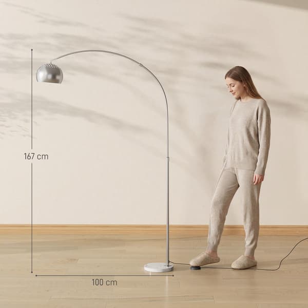 Sølvbuegulvlampe med marmorfod, justerbart hoved