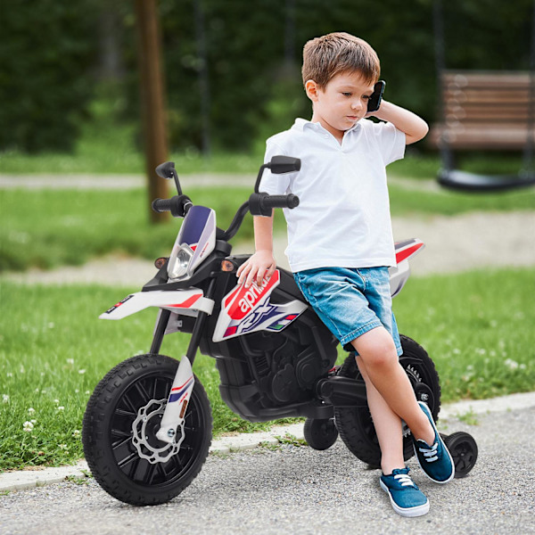 Elmotorcykel för barn, 12V barnmotorcykel med musik, 6 km/h barnfordon med avtagbara träningshjul, 12 tums plastdäck, för 3-8 år barn, max 30 kg, vit
