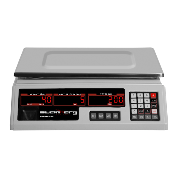 Butikscheckvåg 330x240mm strömförsörjning + batteri 40kg / 2g - vit