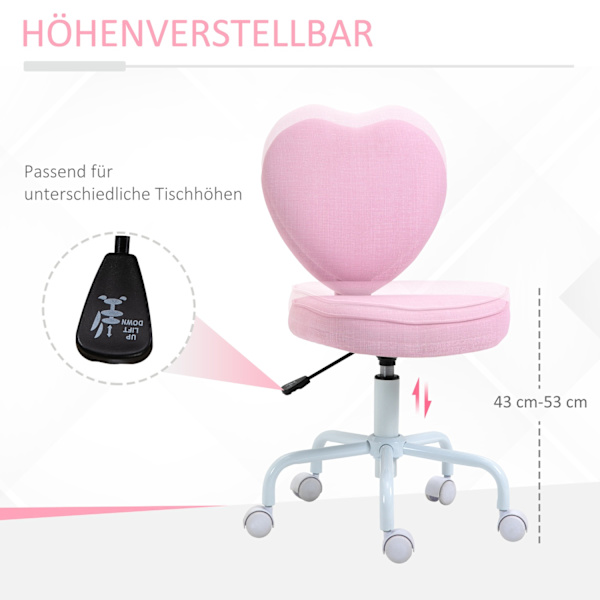 Drejestol Executive Stol Computer Stol Sæde Højdejustering Sød Hjerteformet Polstring Pink Hørstof 40 X 50 X 79-89 Cm