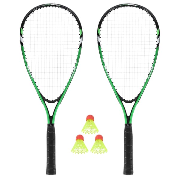 Crossminton-setti, jossa 2 mailaa, sulkapallot, vihreä kansi