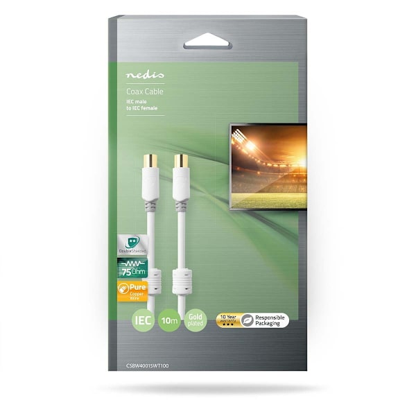 Coax Cable | IEC (Coax) Han | IEC (Coax) Hun | Guldplateret | 100 dB | 75 Ohm | Dobbelt afskærmet | 10.0 m | Runde | PVC | Hvid | Box