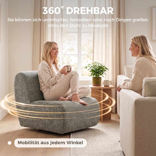 Snurrfåtölj med chenilleöverdrag, grå, 360 graders rotation
