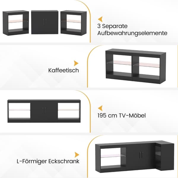 3-i-1 TV-bord med LED-lys til 85" TV, sort