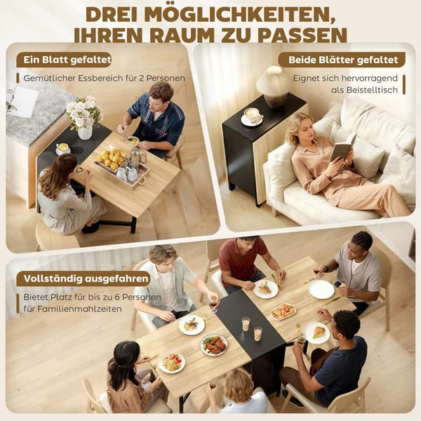 Sammenklappeligt spisebord med hylder, mørkt træ og sort