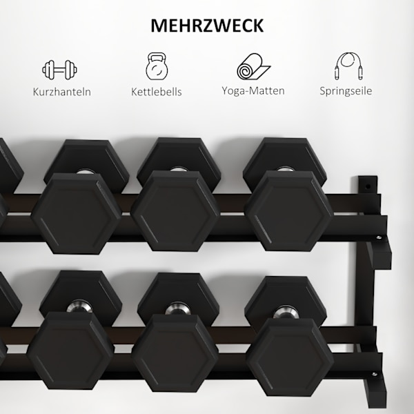 Hantelställ Väggmonterat Hantelställ Med 2 Hyllor, Upp Till 70 Kg, För Vikthållare & Kettlebell