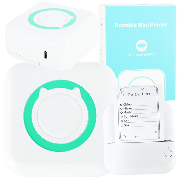 Mini termisk etiket fotoprinter + USB kabel firkantet blå