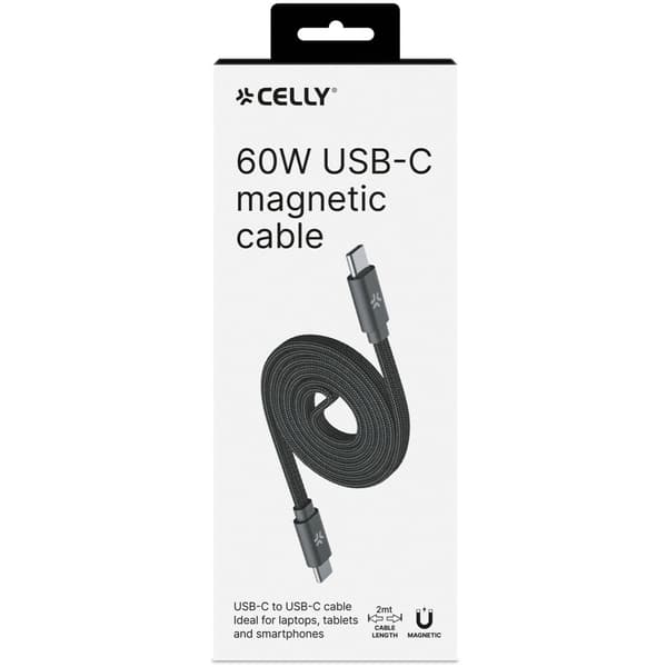 USB-C til USB-C kabel 60W, magnetisk flettet flad 2m
