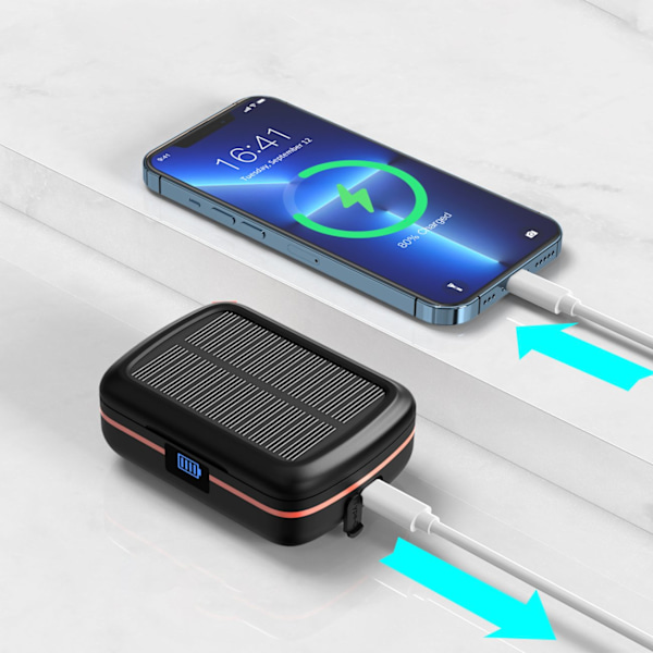 Vandtætte TWS trådløse hovedtelefoner med solcelleoplader og 2500mAh powerbank, sort