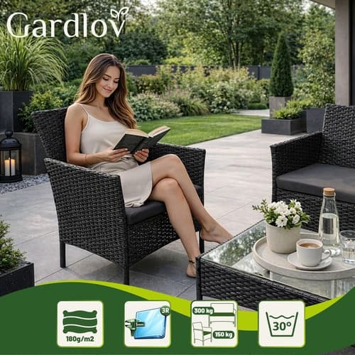 Sort Rattan Havemøbelsæt – 2 Stole, Sofa, Bord