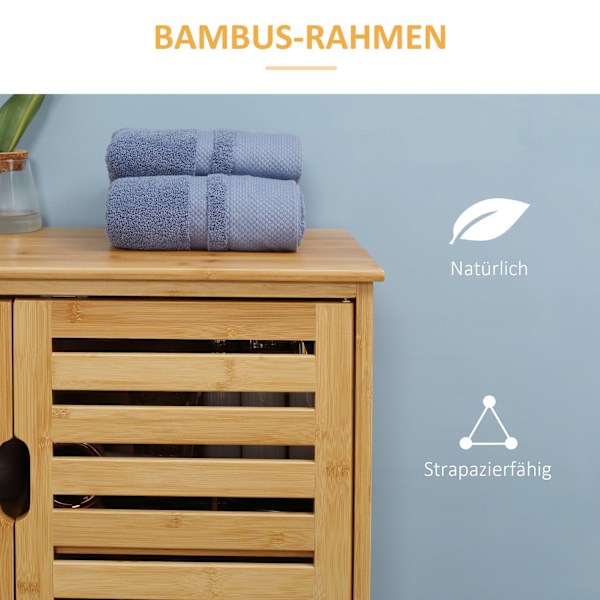 Badeværelsesskab, badeværelsesskab, sideskab med 2 lamelåger, 2 indvendige hylder, bambus opbevaringsskab til badeværelse, stue, 68 x 32 x 86 cm, natu