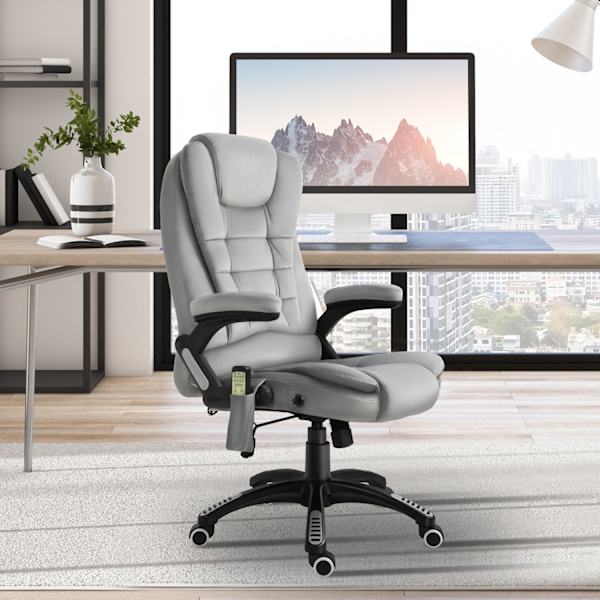 Massagestol Kontorstol, Gaming Stol, Højdejusterbar Chefstol, Ergonomisk, Pu Hjul, Grå, 67X74X107-116 Cm