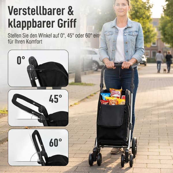 Taittuva ostoskärry, 46 litran kassi kylmälaukulla, musta