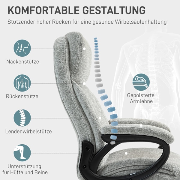 Työtuoli keinutoiminnolla, ergonominen työtuoli, korkeussäädettävä kääntötuoli, pehmustettu, kestää jopa 120 kg, toimistoon, opiskeluun, vaaleanharmaa