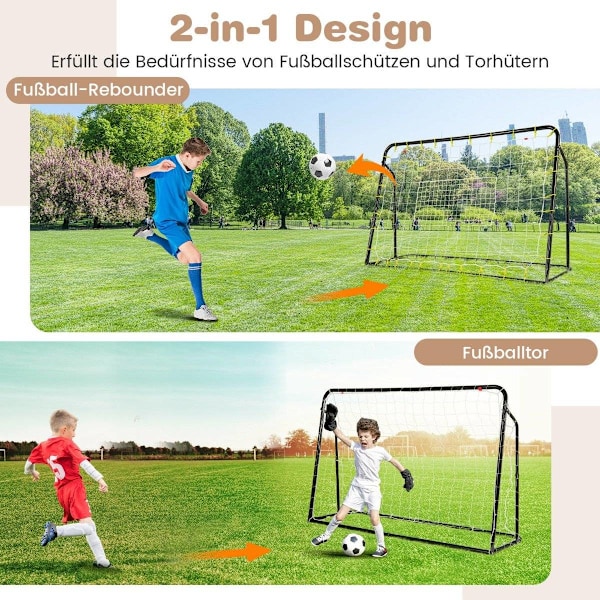 2 i 1 fodboldmål & rebounder fodboldmål 187 x 60 x 102-122,5 cm børnefodboldmålsæt højdejusterbar sort
