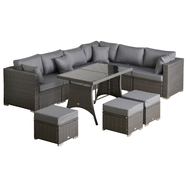 10 stk. Rattan siddegruppe, med hjørnestole, bord, taburetter, sæde- og ryghynder, PE rattan, polyester, 120 x 68 x 73 cm, mørkegrå |