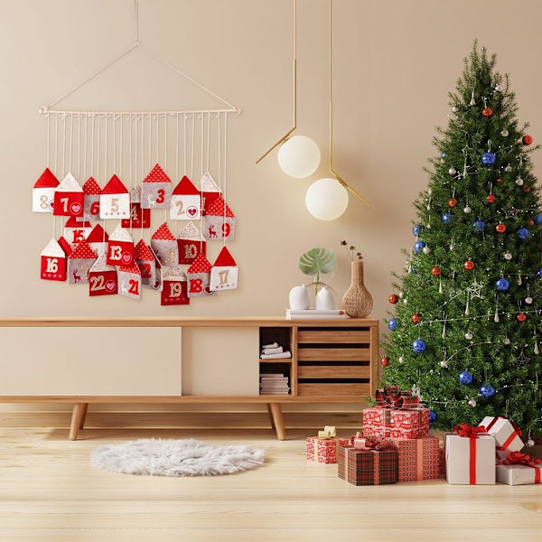 Adventtikalenteri, jossa 24 taloa puutikulla