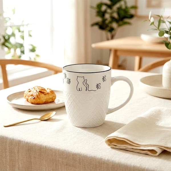 Porcelænskrus med kattedesign, 380 ml, hvid