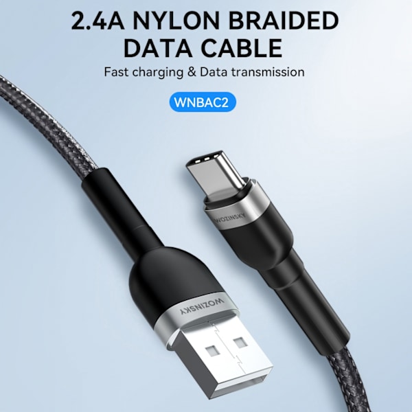 Punottu kaapeli USB-A - USB-C 2.4A 2m musta