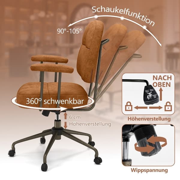 Ergonomisk kontorstol med armlæn og hjul, justerbar