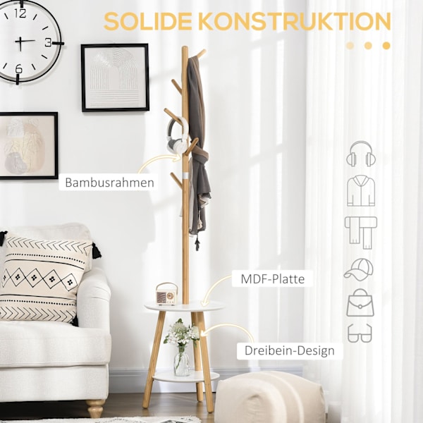 Takkiteline, 5 Koukkua Ja Sivupöytä, 171 Cm Korkea, Luonnollinen + Valkoinen
