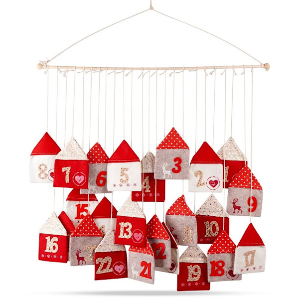Adventskalender med 24 huse på en træpind