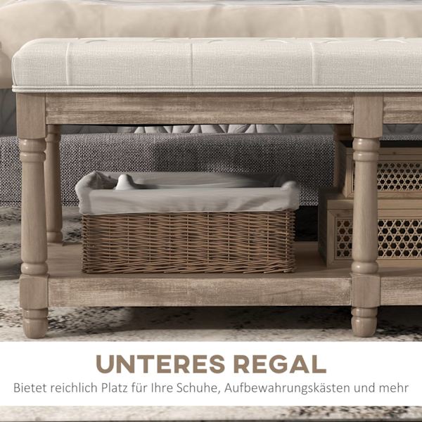 Skobænk Sæde Skostativ Opbevaringsplads Polstret Linnedlook Træben Stue Gang Creme 115X40X48Cm