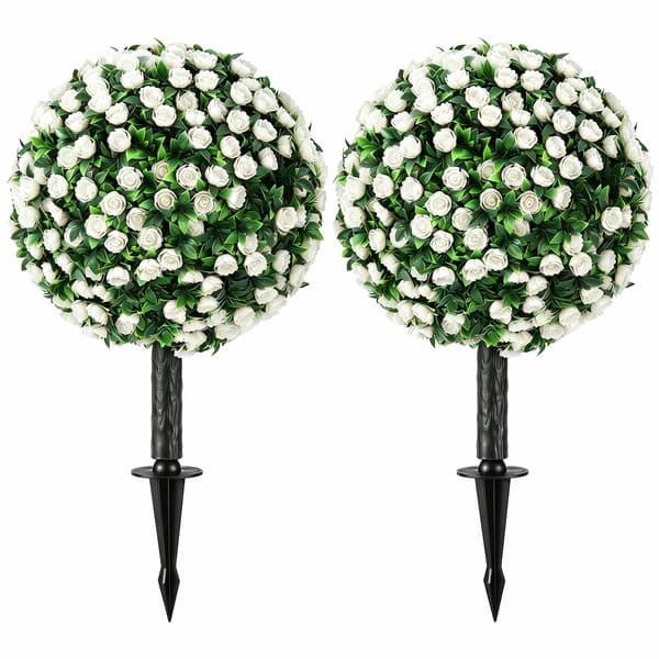 Kunstige rosekugler, topiary-pæle, 2-pak, UV-resistente, hvide
