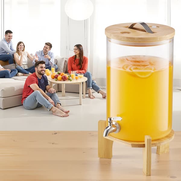 Glas drikkevaredispenser 8L, træstativ, stålhane