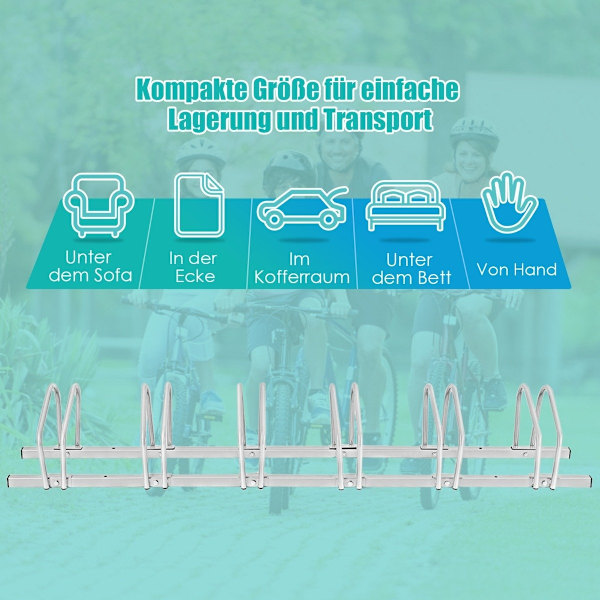 Cykelställ för 6 cyklar, multipelställ, stålgolvställ, stativ, silver