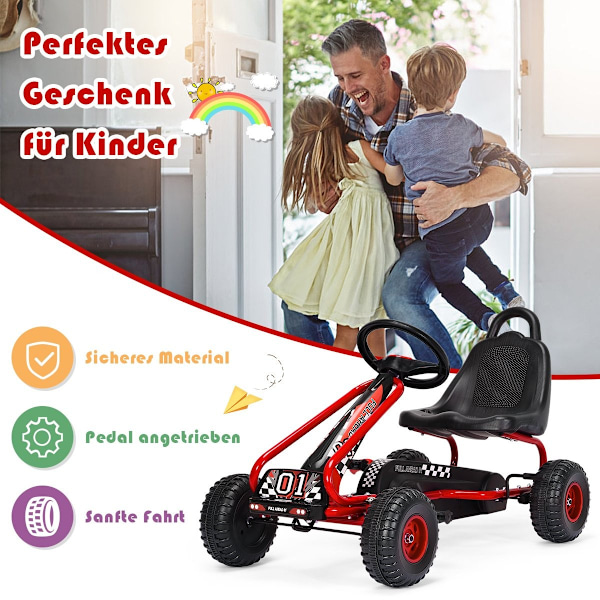 Karting säädettävällä istuimella ja käsijarrulla, poljinauto, kantavuus jopa 30 kg, poljinkärry punainen
