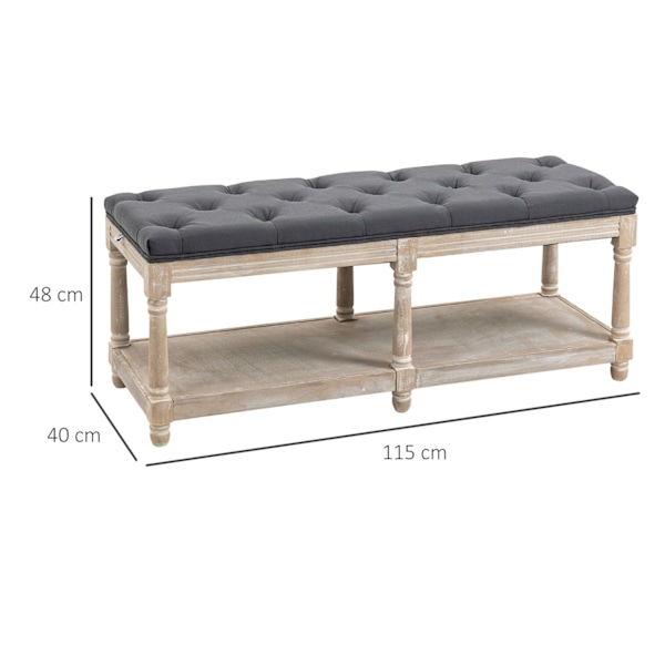 Skobänk med sits, skoställ med förvaringsutrymme, vadderad bänk med träben, linnelook, grå, 115 x 40 x 48 cm