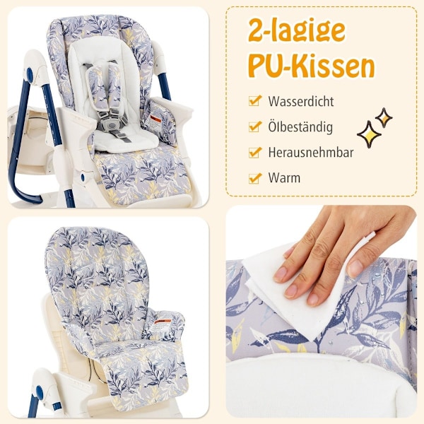 Sammenklappelig højstol med hjul & justerbar højde & fodstøtte & ryglæn Babysæde Marineblå