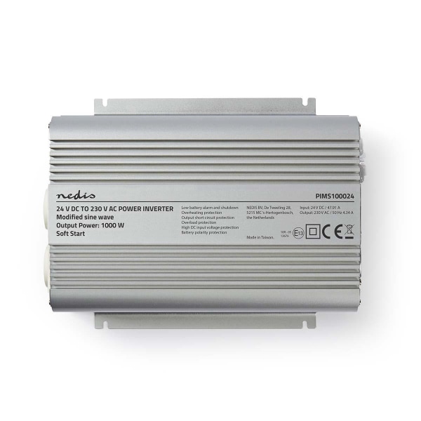 Växelriktare med modifierad sinusvåg | Inspänning: 24 V DC | Enhetens utgångsanslutning: Type F (CEE 7/3) | 230 V AC 50 Hz | 1000 W | Toppeffekt: 2400
